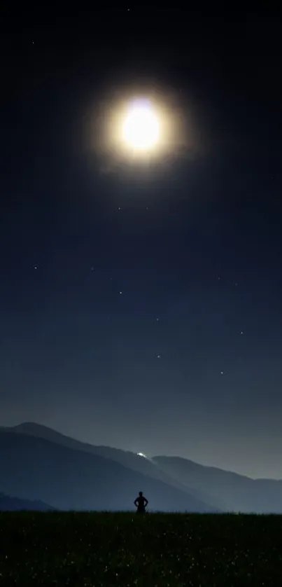 A serene night sky with a full moon over a silhouette landscape.