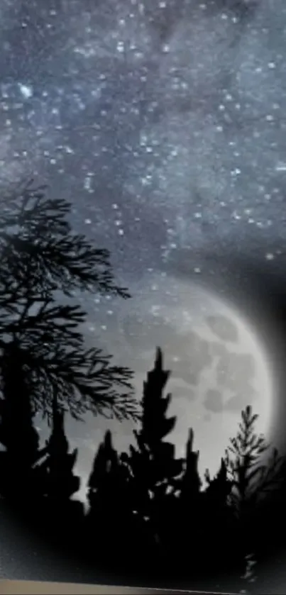 Serene night sky wallpaper with moonlit forest silhouette.