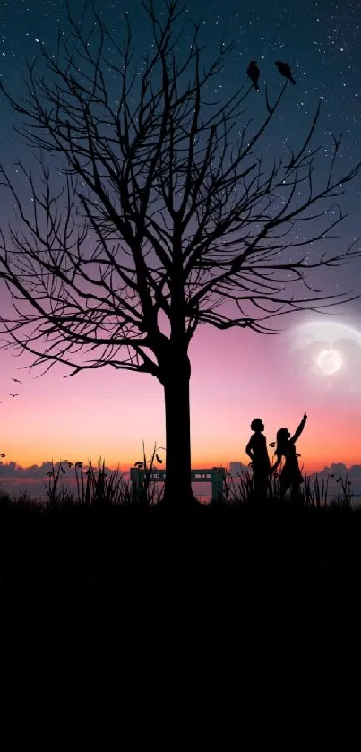 Silhouetted tree and birds against a vibrant night sky with a full moon.