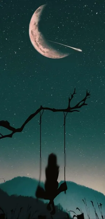 Silhouette on swing under crescent moon and stars.