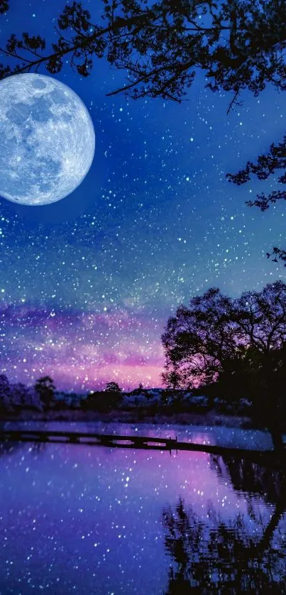 Night sky wallpaper with moon, stars, and water reflection.