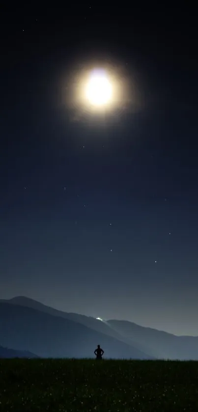 Silhouette under a moonlit night sky with stars and mountains in the distance.