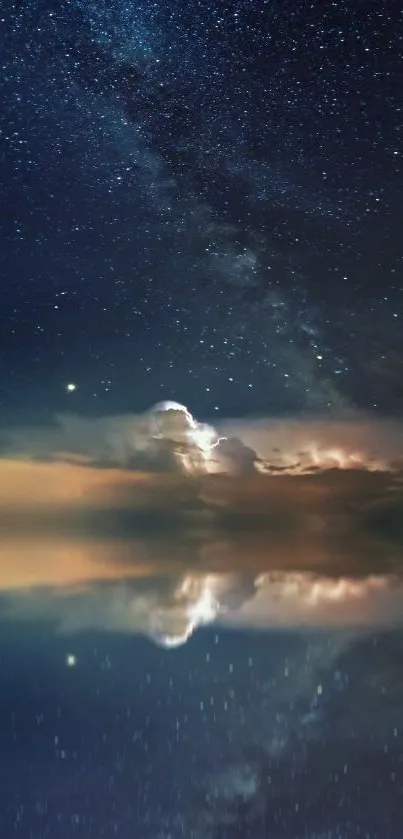 Starry night sky reflecting in calm sea with sailboat.