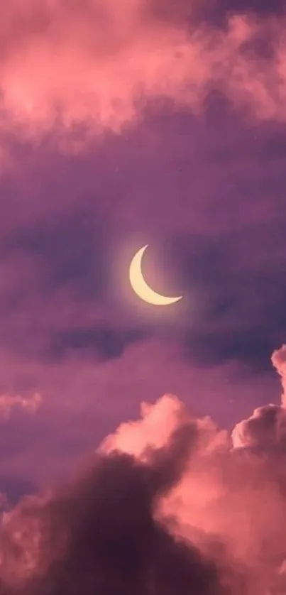 Crescent moon and pink clouds night sky wallpaper.