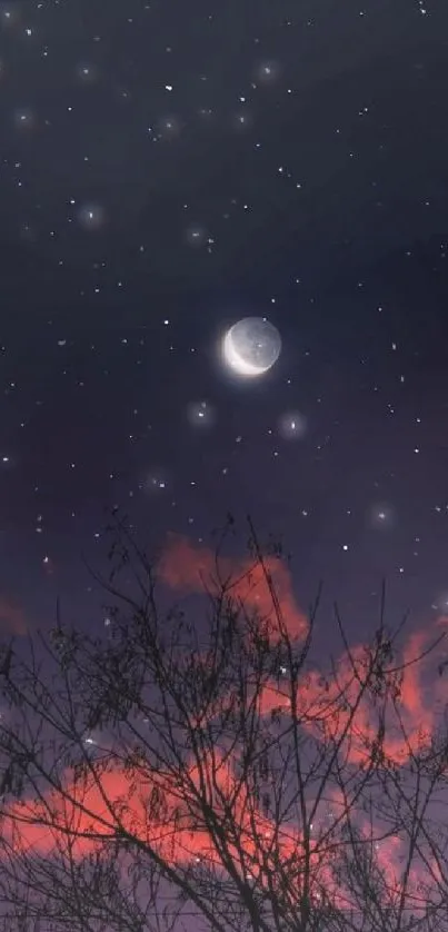 A calm night sky with moon and stars above silhouetted trees.