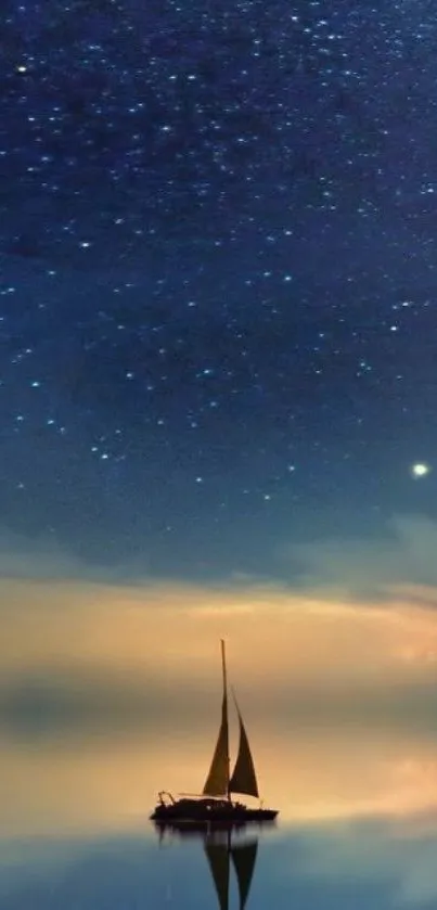 Sailboat under a starry night sky reflecting on calm waters.