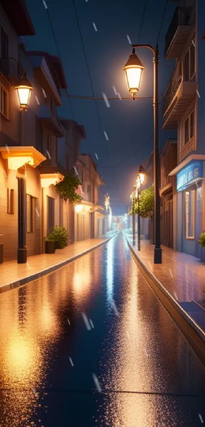 A serene night city street with glowing lamps and wet reflective pavement.