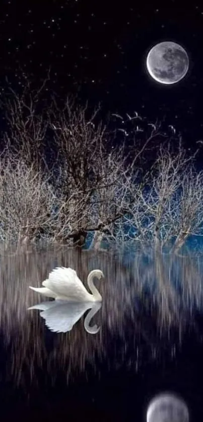 A swan reflects on a moonlit lake with starry night and trees.