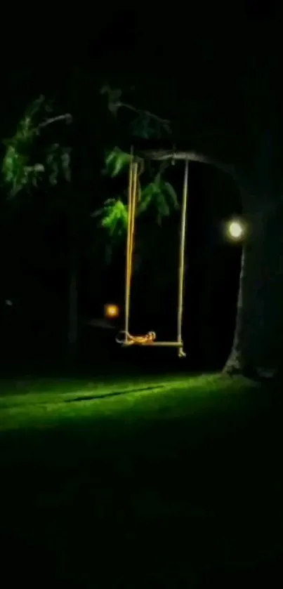 Illuminated swing on a dark, tranquil night with soft ambient lighting.