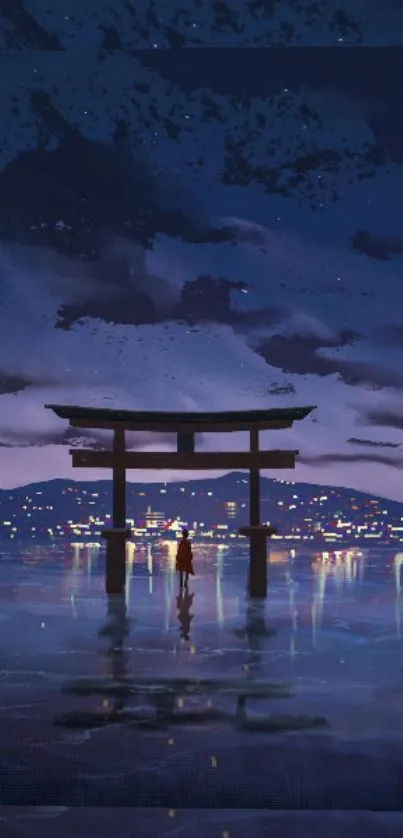 Serene torii gate against a night sky with city lights reflecting on water.