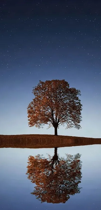 Lone tree reflecting on a calm lake under a starry night sky.