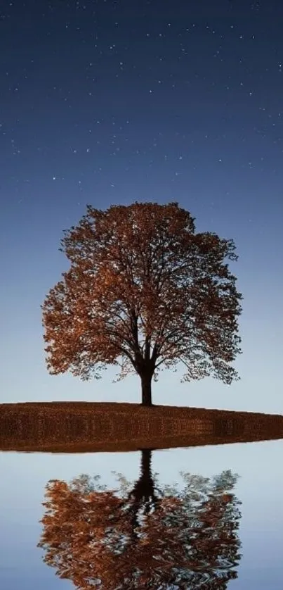 Lone tree reflected in a calm lake under a starlit night sky.