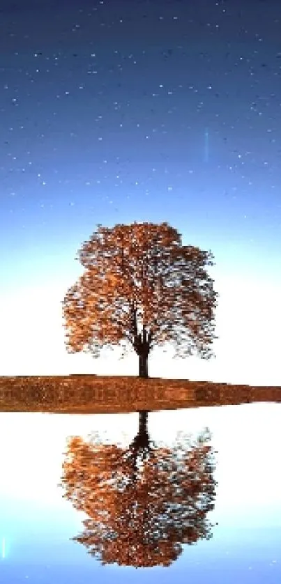 Lone tree and moon reflecting in calm lake under a starry sky.