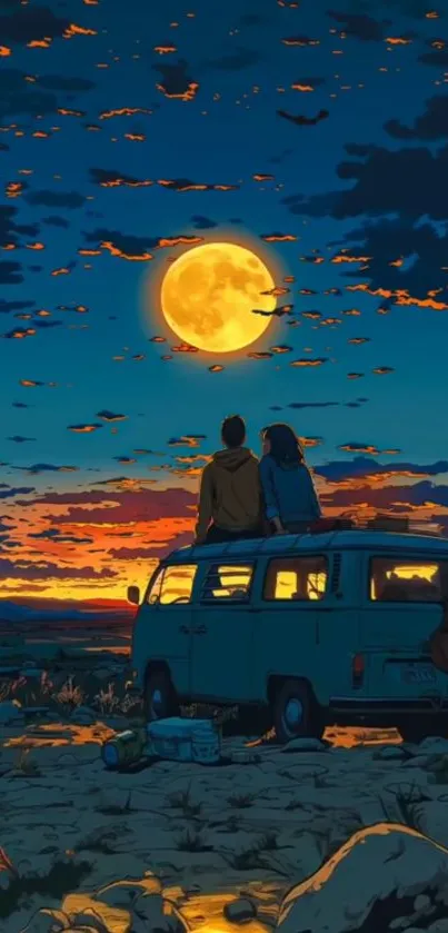 Couple on van beneath a full moon in serene landscape.