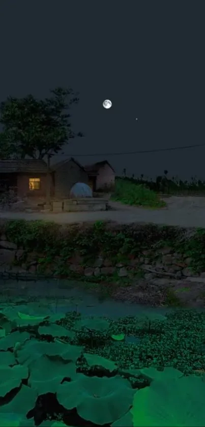 Serene village night wallpaper with moonlit sky.