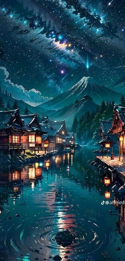 Serene night village with starry sky and tranquil lake reflection.