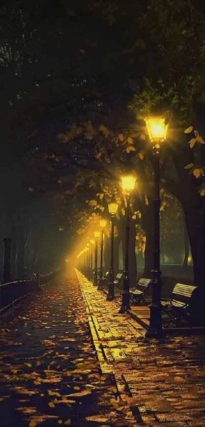 Tranquil nighttime walkway lit by street lamps and autumn leaves.