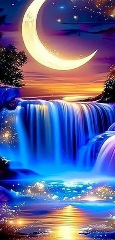 Blue waterfall under a crescent moon with starry sky at night.
