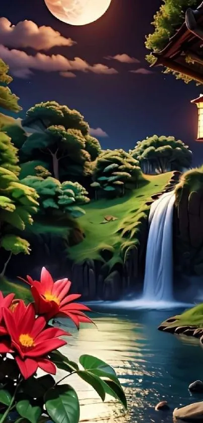 Serene night scene with waterfall and moon.