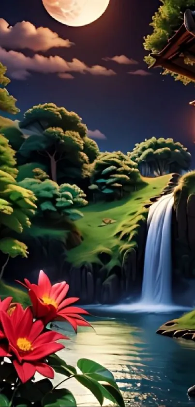 Serene night wallpaper with a waterfall, moon, and flowers.