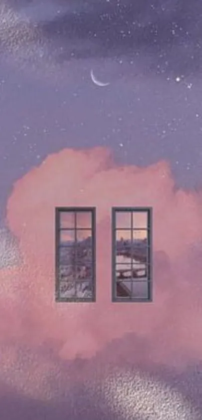 Dreamy night sky wallpaper with pink clouds and a window view under stars.