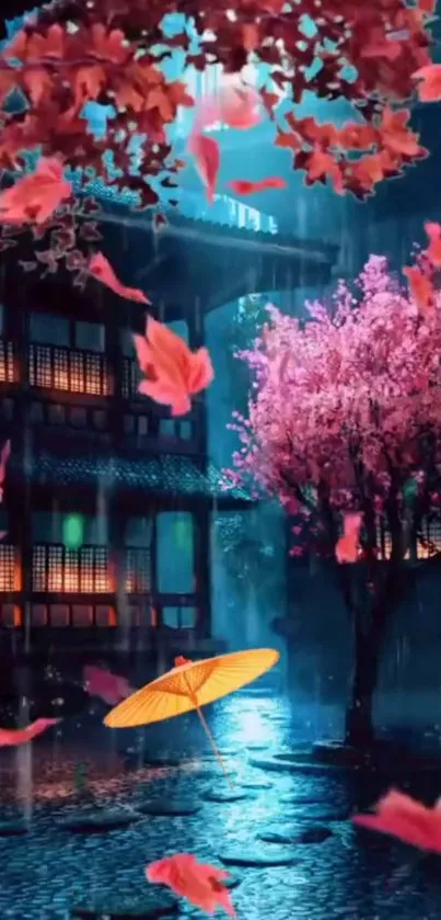 Serene night scene with cherry blossoms and falling petals in vibrant colors.