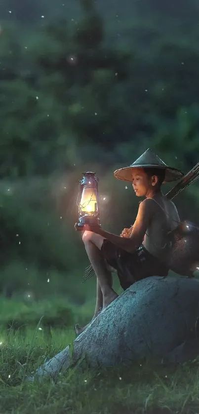 A young boy with a lantern in a serene, nighttime natural setting.