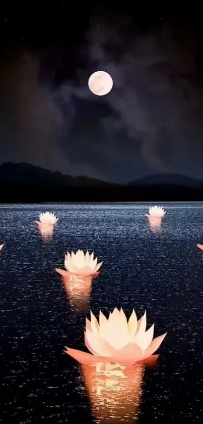 Moonlit night with serene water lilies on a calm lake.