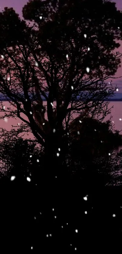 Silhouette of tree against twilight sky with falling snowflakes.