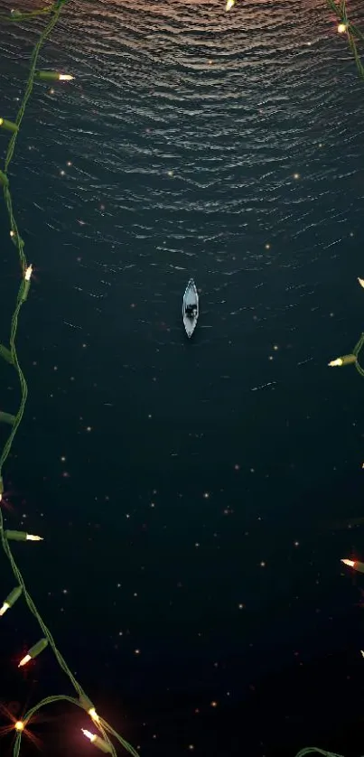 Boat under fairy lights on a dark sea