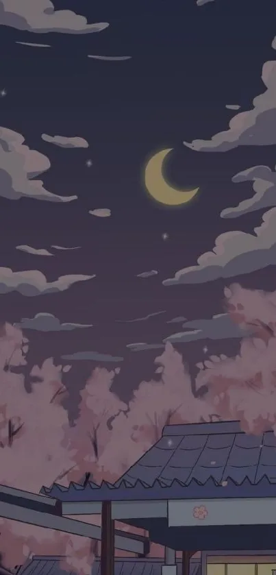 Night sky with crescent moon and cherry blossoms wallpaper.