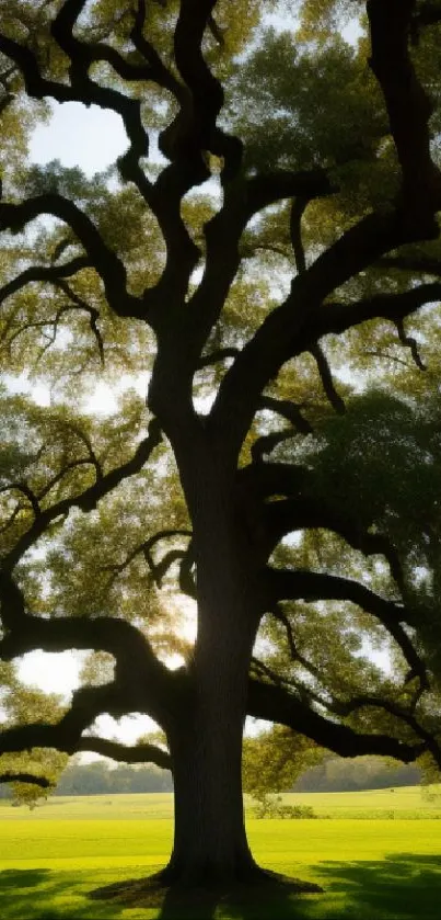 Majestic silhouette of an oak tree in a tranquil field at sunset.