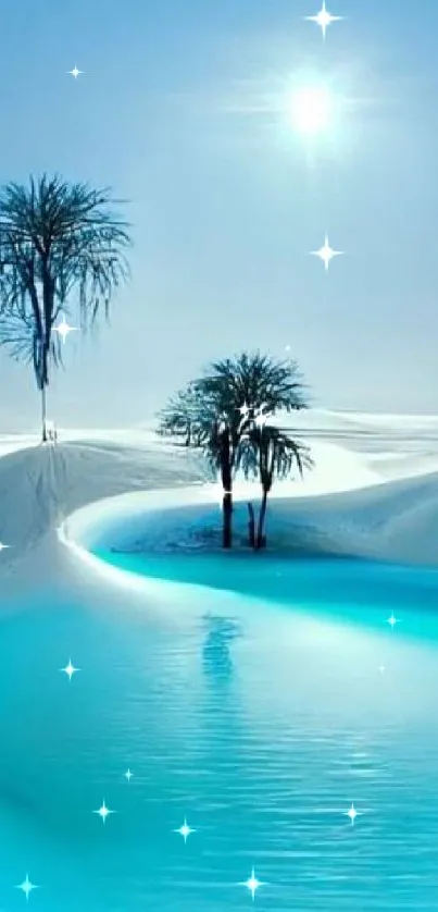 Serene desert oasis with blue water under bright sun.