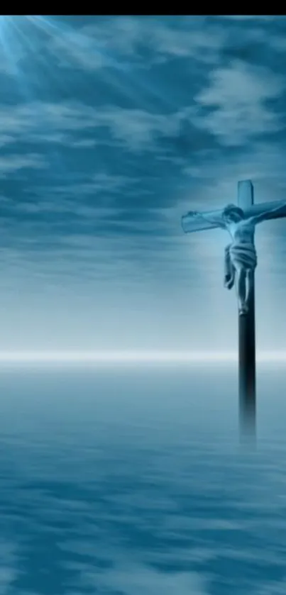 Serene ocean view with crucifix and clouds in blue tones.