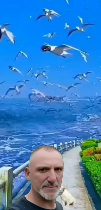 Ocean view with seagulls flying over a scenic pathway.