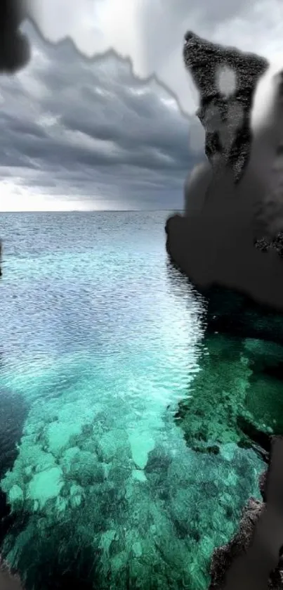 Turquoise ocean water meets rugged cliffs under a cloudy sky.