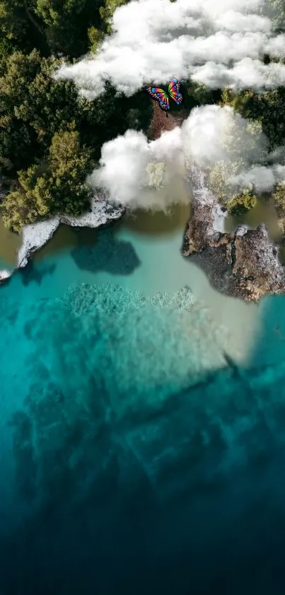 Serene ocean meets lush forest with clouds overhead, featuring a vibrant butterfly.