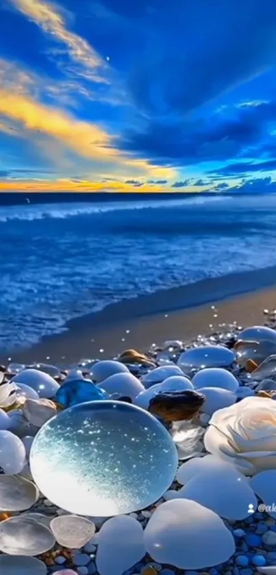 Tranquil beach scene with blue sky and pebbles.