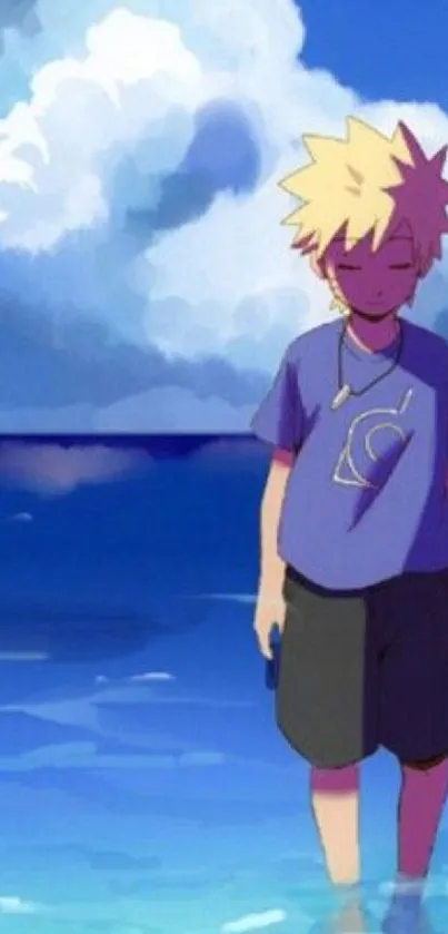 Anime character walking in serene blue ocean with a clear sky.