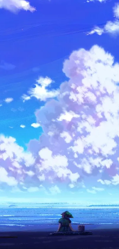 Anime-style serene ocean with blue sky.