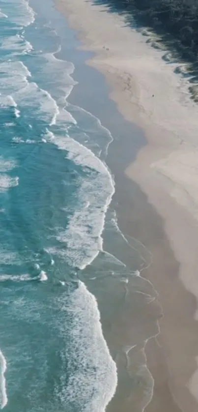 Aerial view of serene beach with gentle ocean waves and sandy shore.