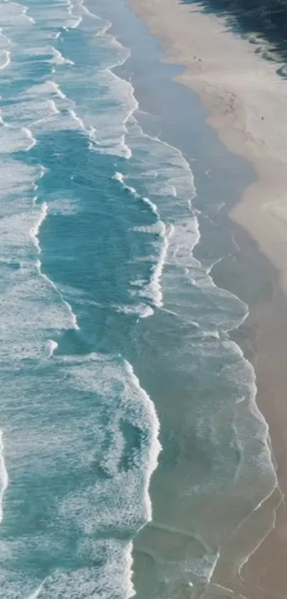 Aerial view of serene beach and ocean waves on a sandy shoreline.