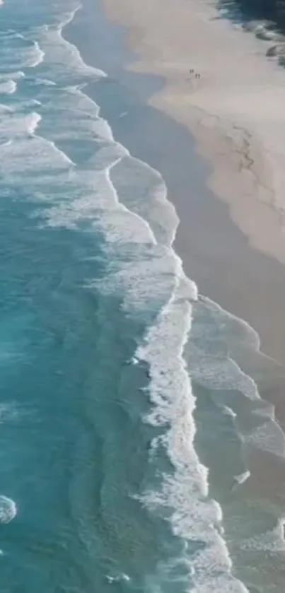 Aerial view of tranquil ocean waves and golden sandy beach.