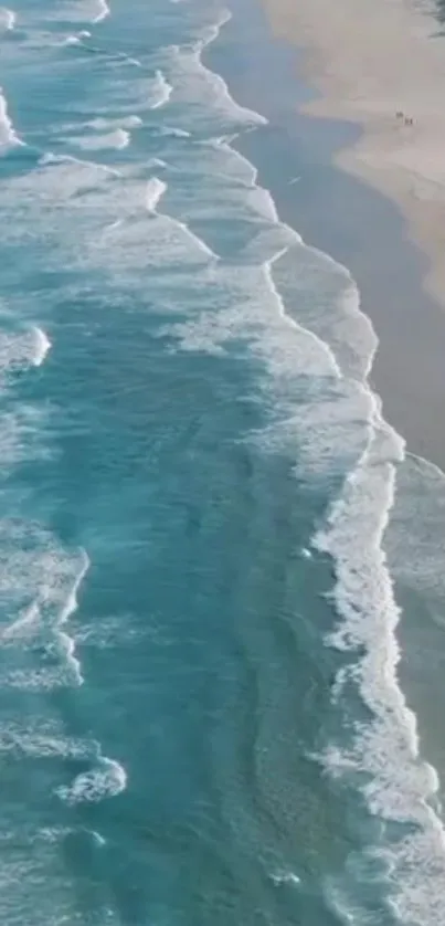 Aerial view of a serene beach with ocean waves and sandy shore.