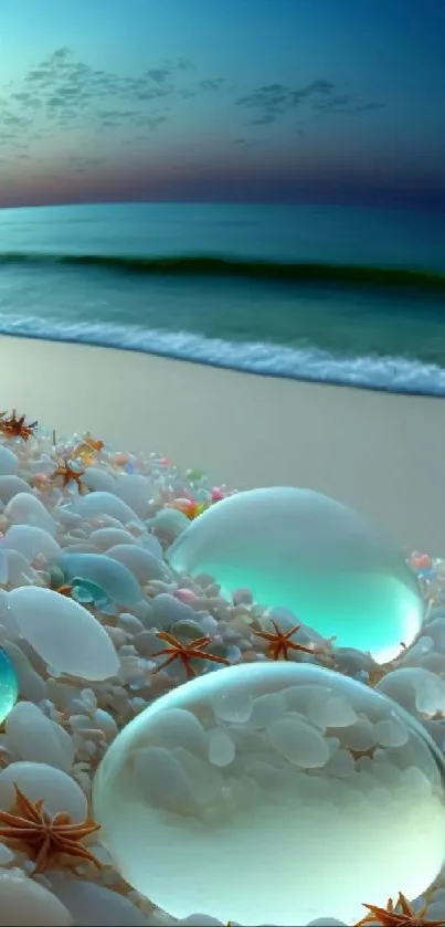 Serene beach with translucent beads at twilight, perfect for mobile wallpaper.
