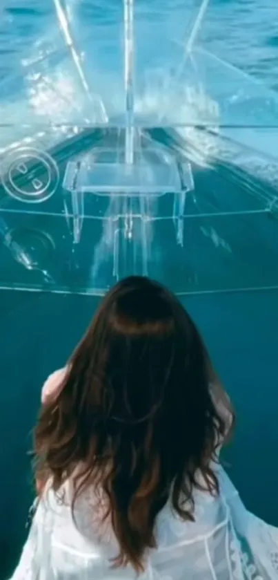 Woman in a clear boat on serene ocean waves.