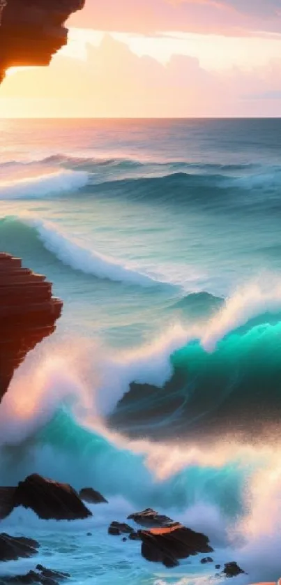 Ocean waves hitting cliffs at sunset in stunning wallpaper.
