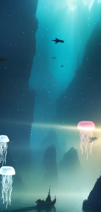 Serene underwater canyon with marine life and blue light.