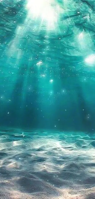 Peaceful underwater ocean scene with sunlight beams through turquoise waters.