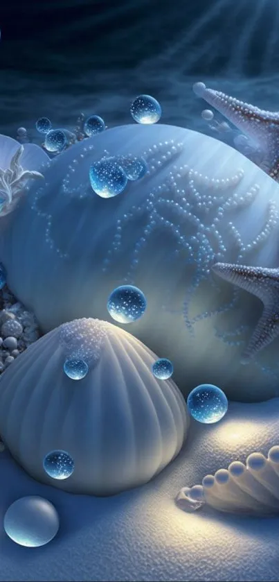 Ocean-themed mobile wallpaper with starfish and seashells in blue hues.